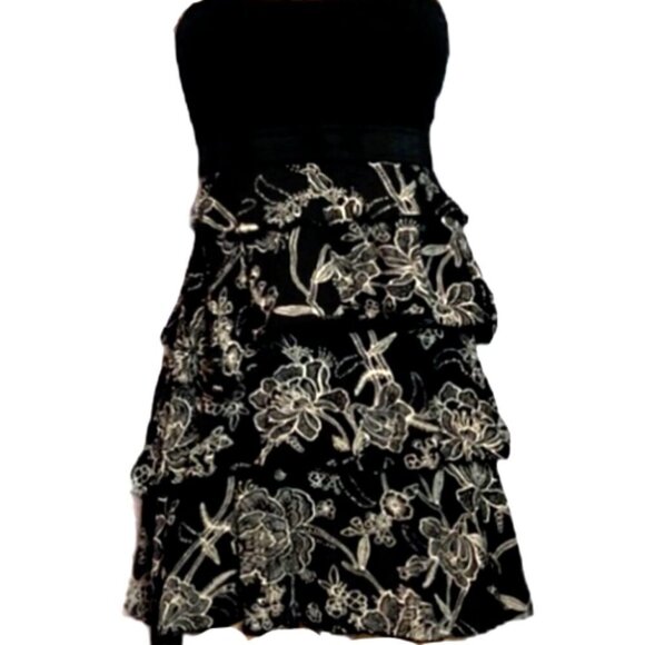 Express Strapless/Tube Dress Floral Ruffle Tiered Skirt L Black #50i - Picture 1 of 9